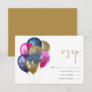 Glittery Gold Blue Fuchsia Balloons 60th Birthday RSVP Card