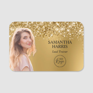 Glittery Gold Blur Cutout Photo and Logo Name Tag