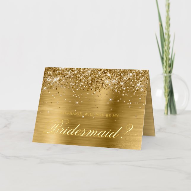 Glittery Gold Bridesmaid Proposal Foil Greeting Card (Front)