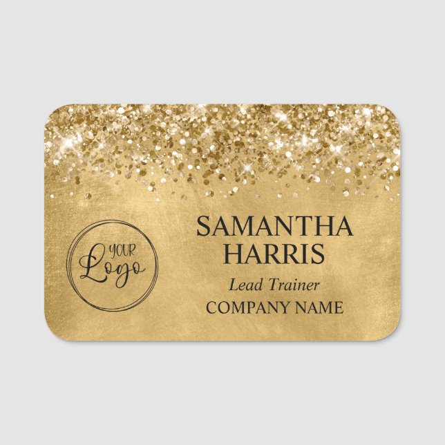 Glittery Gold Business Logo Company Name Tag (Front)