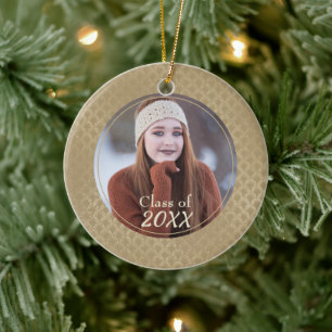 Glittery Gold Damask Pattern Photo Graduate Ceramic Ornament