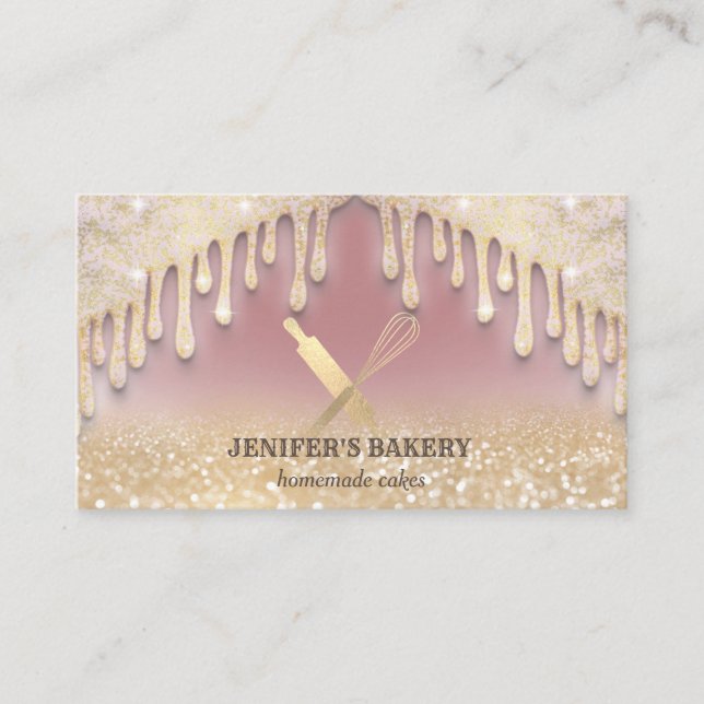 Glittery gold drips rolling pin whisk chef bakery business card (Front)