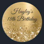 Glittery Gold Foil 18th Birthday Classic Round Sticker<br><div class="desc">Create your own fancy monogram stylish milestone 18th birthday celebration envelope seals for her. The background features a golden yellow ombre brushed metal style foil digital art graphic. Along the bottom is a band of gold faux sparkly glitter girly glam. Customize the font colour, size or style. The luxury sparkles,...</div>
