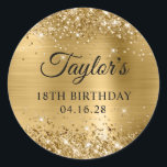 Glittery Gold Foil 18th Birthday Classic Round Sticker<br><div class="desc">Create your own 18th birthday party favour stickers. Girly faux sparkly gold glitter on the top and bottom edge, over a faux golden brushed metal style ombre foil. Customize the font styles to create your own favour sticker design for her special celebration. A classic elegant calligraphy paired with an all...</div>