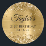 Glittery Gold Foil 21st Birthday Classic Round Sticker<br><div class="desc">Create your own 21st birthday party favour stickers. Girly faux sparkly gold glitter on the top and bottom edge, over a faux golden yellow brushed metal style ombre foil. Customize the font styles to create your own favour sticker design for her special celebration. A classic elegant calligraphy paired with an...</div>