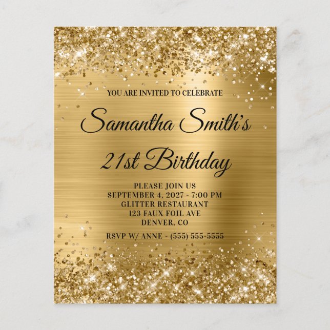 Glittery Gold Foil 21st Birthday Invite Flyer (Front)