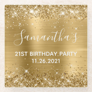 Glittery Gold Foil 21st Birthday Party Glass Coaster