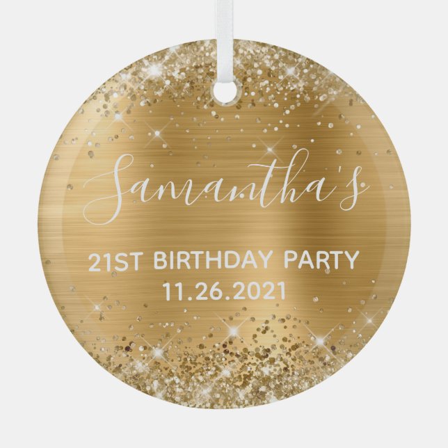 Glittery Gold Foil 21st Birthday Party Glass Ornament (Front)