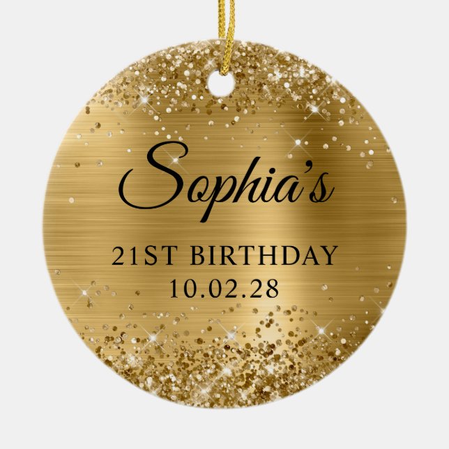 Glittery Gold Foil 21st Birthday Photo Ceramic Ornament (Front)