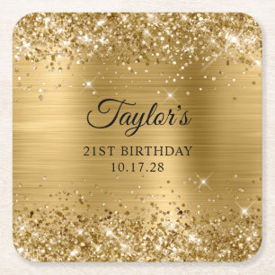 Glittery Gold Foil 21st Birthday Square Paper Coaster