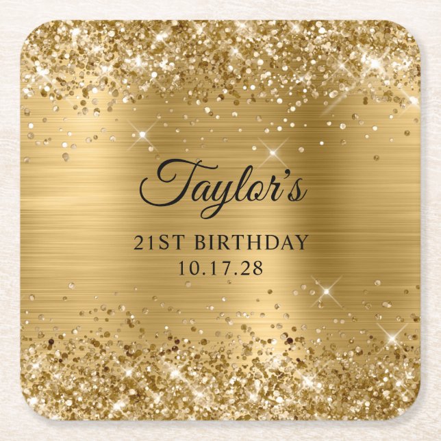Glittery Gold Foil 21st Birthday Square Paper Coaster (Front)