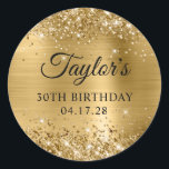 Glittery Gold Foil 30th Birthday Classic Round Sticker<br><div class="desc">Create your own 30th birthday party favour stickers. Girly faux sparkly gold glitter on the top and bottom edge, over a faux golden brushed metal style ombre foil. Customize the font styles to create your own favour sticker design for her special celebration. A classic elegant calligraphy paired with an all...</div>