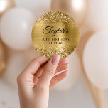 Glittery Gold Foil 30th Birthday Classic Round Sticker<br><div class="desc">Create your own 30th birthday party favour stickers. Girly faux sparkly gold glitter on the top and bottom edge, over a faux golden brushed metal style ombre foil. Customize the font styles to create your own favour sticker design for her special celebration. A classic elegant calligraphy paired with an all...</div>
