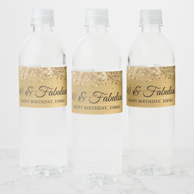 Glittery Gold Foil 40 & Fabulous Water Bottle Label (Bottles)