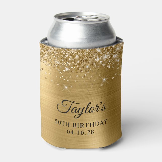 Glittery Gold Foil 50th Birthday Can Cooler (Can Front)