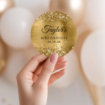 Glittery Gold Foil 50th Birthday Classic Round Sticker<br><div class="desc">Create your own 50th birthday party favour stickers. Girly faux sparkly gold glitter on the top and bottom edge, over a faux golden brushed metal style ombre foil. Customize the font styles to create your own favour sticker design for her special celebration. A classic elegant calligraphy paired with an all...</div>