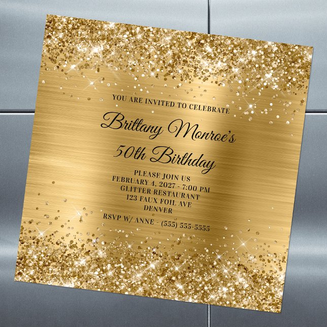 Glittery Gold Foil 50th Birthday Magnetic Invitation (Creator Uploaded)