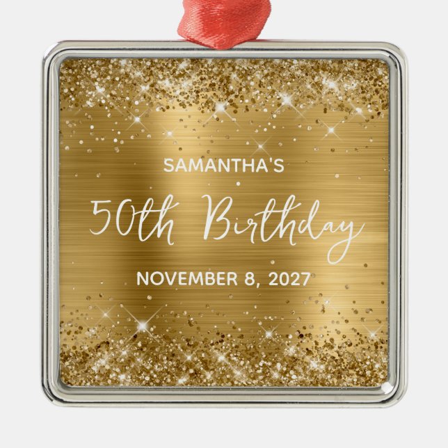 Glittery Gold Foil 50th Birthday Metal Ornament (Front)