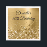 Glittery Gold Foil 50th Birthday Napkin<br><div class="desc">Create your own fancy monogram stylish milestone birthday celebration paper napkins for her. The background features a golden yellow ombre brushed metal style foil digital art graphic. Along the bottom is a band of gold faux glitter girly glam. Customize the font colour, size or style. The luxury sparkles, glitter and...</div>