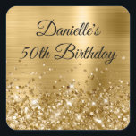 Glittery Gold Foil 50th Birthday Square Sticker<br><div class="desc">Create your own fancy monogram stylish milestone birthday celebration rounded square envelope seals for her. The background features a golden yellow ombre brushed metal style foil digital art graphic. Along the bottom is a band of gold faux glitter girly glam. Customize the font colour, size or style. The luxury sparkles,...</div>