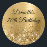 Glittery Gold Foil 70th Birthday Classic Round Sticker<br><div class="desc">Create your own fancy monogram stylish milestone 70th birthday celebration envelope seals for her. The background features a golden yellow ombre brushed metal style foil digital art graphic. Along the bottom is a band of gold faux sparkly glitter girly glam. Customize the font colour, size or style. The luxury sparkles,...</div>