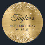 Glittery Gold Foil 80th Birthday Classic Round Sticker<br><div class="desc">Create your own 80th birthday party favor stickers. Girly faux sparkly gold glitter on the top and bottom edge, over a faux golden brushed metal style ombre foil. Customize the font styles to create your own favor sticker design for her special celebration. A classic elegant calligraphy paired with an all...</div>