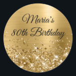 Glittery Gold Foil 80th Birthday Classic Round Sticker<br><div class="desc">Create your own fancy monogram stylish milestone 80th birthday celebration envelope seals for her. The background features a golden yellow ombre brushed metal style foil digital art graphic. Along the bottom is a band of gold faux sparkly glitter girly glam. Customize the font colour, size or style. The luxury sparkles,...</div>