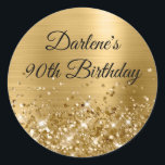Glittery Gold Foil 90th Birthday Classic Round Sticker<br><div class="desc">Create your own fancy monogram stylish milestone 90th birthday celebration envelope seals for her. The background features a golden yellow ombre brushed metal style foil digital art graphic. Along the bottom is a band of gold faux sparkly glitter girly glam. Customize the font colour, size or style. The luxury sparkles,...</div>