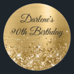 Glittery Gold Foil 90th Birthday Classic Round Sticker<br><div class="desc">Create your own fancy monogram stylish milestone 90th birthday celebration envelope seals for her. The background features a golden yellow ombre brushed metal style foil digital art graphic. Along the bottom is a band of gold faux sparkly glitter girly glam. Customize the font colour, size or style. The luxury sparkles,...</div>