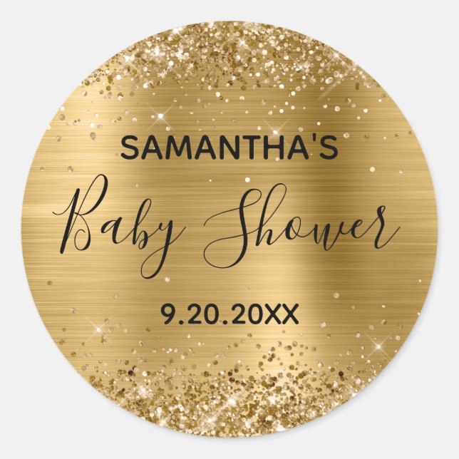 Glittery Gold Foil Baby Shower Classic Round Sticker (Front)