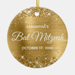 Glittery Gold Foil Bat Mitzvah Ceramic Ornament