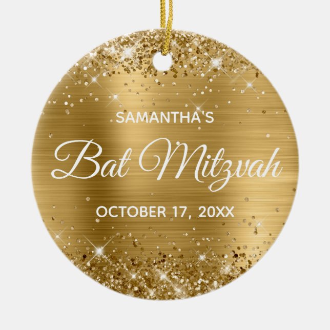 Glittery Gold Foil Bat Mitzvah Ceramic Ornament (Front)