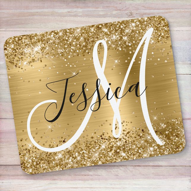 Glittery Gold Foil Black and White Monogram Mouse Pad (Creator Uploaded)
