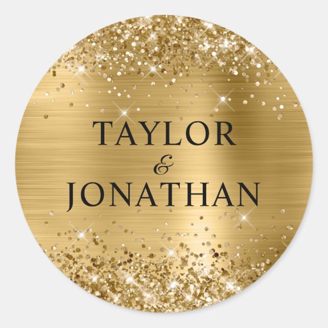 Glittery Gold Foil Bride & Groom Wedding Classic Round Sticker (Front)