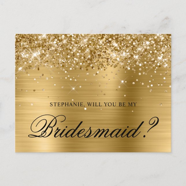 Glittery Gold Foil Bridesmaid Proposal Postcard (Front)