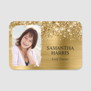 Glittery Gold Foil Brushstroke Photo Name Tag