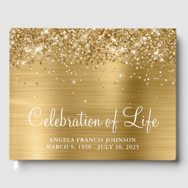 Glittery Gold Foil Celebration of Life Guest Book (Front)