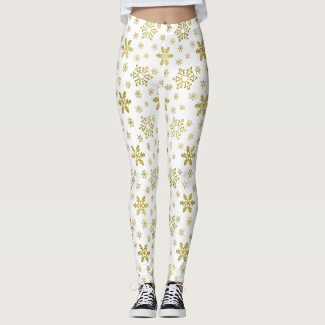 Glittery Gold Foil Christmas Snowflake Pattern Leggings (Front)