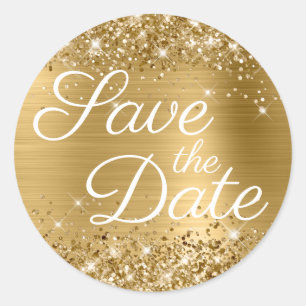 Glittery Gold Foil Elegant Save the Date Classic Round Sticker