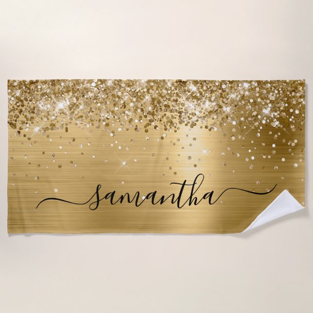 Glittery Gold Foil Elegant Swash Signature Name Beach Towel (Front)