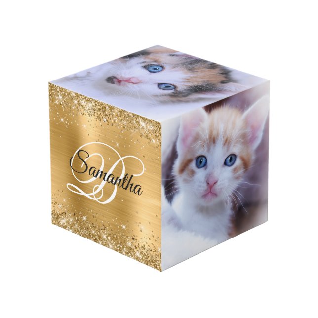 Glittery Gold Foil Fancy Monogram Cube (Front Angled)