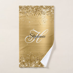 Glittery Gold Foil Fancy Monogram Hand Towel