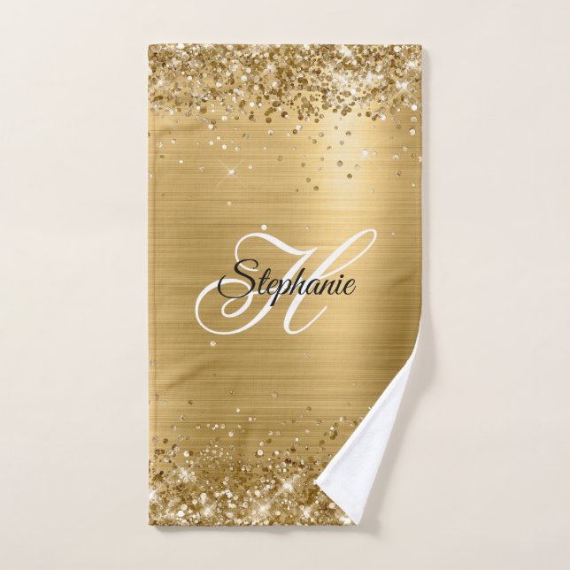 Glittery Gold Foil Fancy Monogram Hand Towel (Hand Towel)