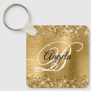 Glittery Gold Foil Fancy Monogram Keychain