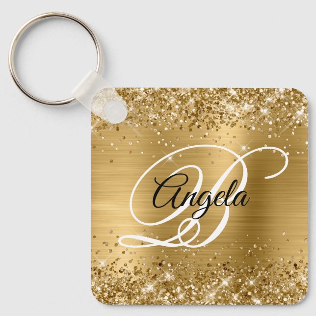 Glittery Gold Foil Fancy Monogram Keychain (Front)