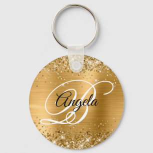 Glittery Gold Foil Fancy Monogram Keychain