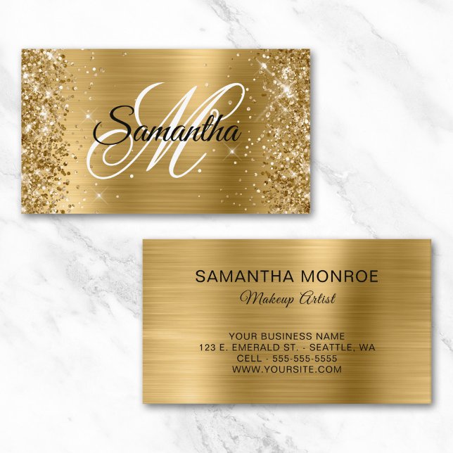 Glittery Gold Foil Fancy Monogram Makeup Business Card (Glittery Gold Foil Fancy Monogram Makeup Artist Business Card)