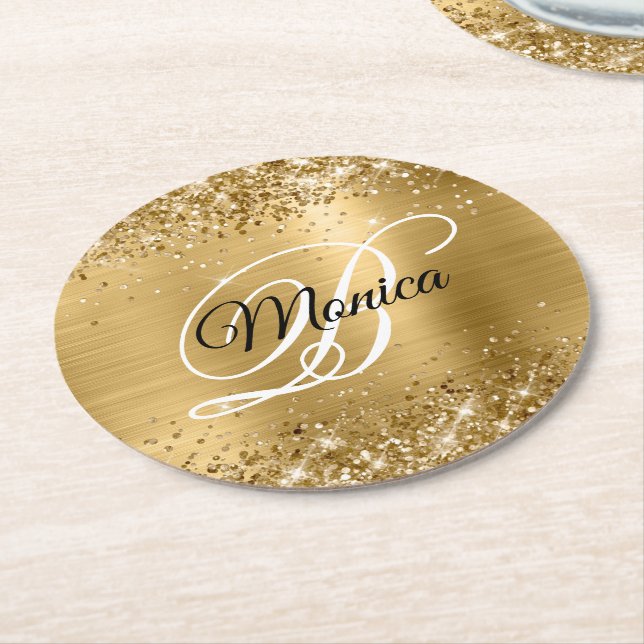 Glittery Gold Foil Fancy Monogram Round Paper Coaster (Angled)