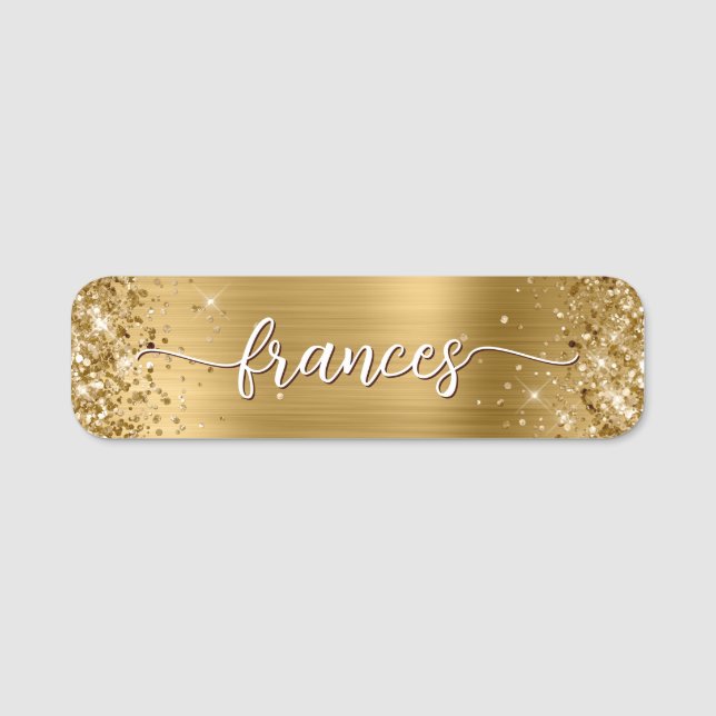 Glittery Gold Foil Handwritten Script Name Tag (Front)