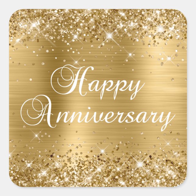 Glittery Gold Foil Happy Anniversary Square Sticker (Front)
